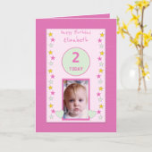 小さな女の子子供へピンク誕生日の写真の挨拶 カード (黄色い花)