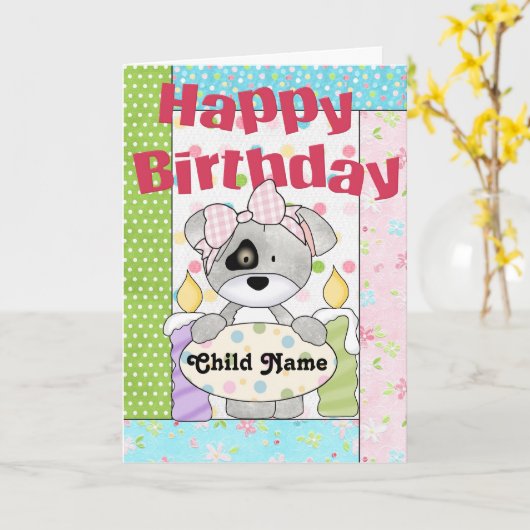 小さな女の子子犬のカスタマイズ可能なハッピーバースデーカード カード (黄色い花)