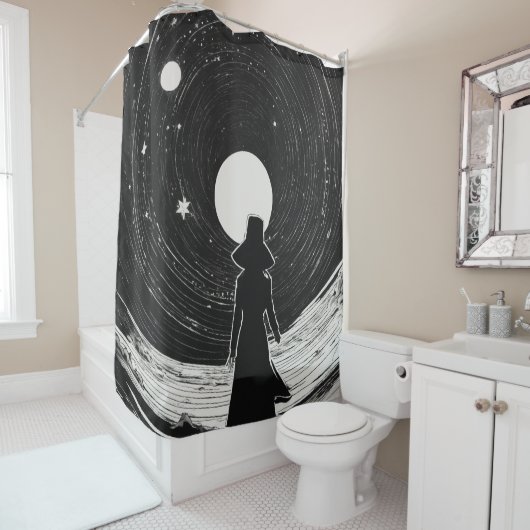 小さな女の子宇宙 | 黒と白の漫画 シャワーカーテン (インサイチュ)