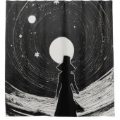 小さな女の子宇宙 | 黒と白の漫画 シャワーカーテン (正面)