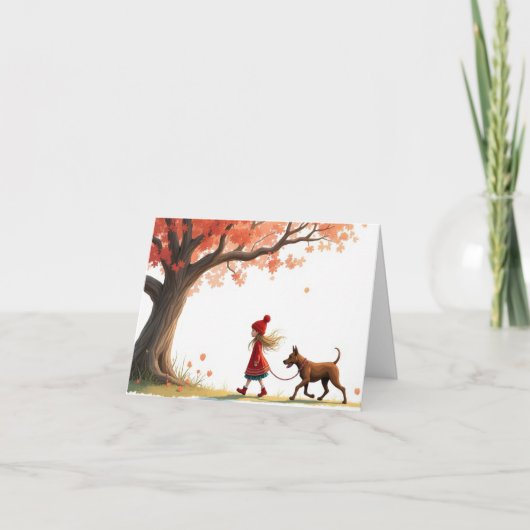 小さな女の子歩く彼女のビッグドッグ カード (正面)