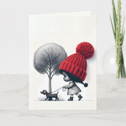 小さな女の子歩く彼女の犬 カード (正面)