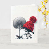 小さな女の子歩く彼女の犬 カード (黄色い花)