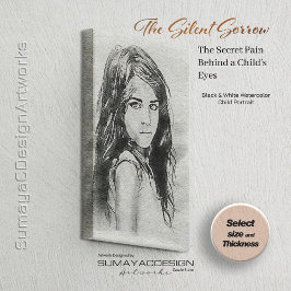 小さな女の子水彩ポートレート | ブラック&ホワイト キャンバスプリント