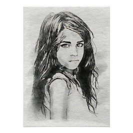 小さな女の子水彩ポートレート | ブラック&ホワイト フォトプリント           