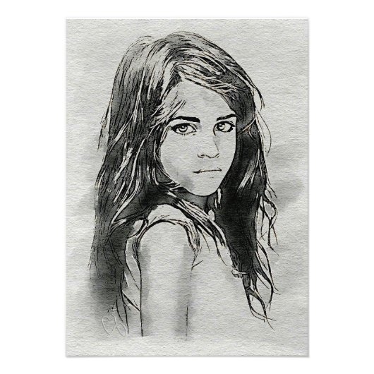 小さな女の子水彩ポートレート | ブラック&ホワイト フォトプリント            (正面)