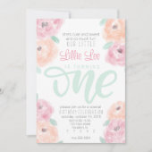 小さな女の子第1回誕生日パーティー花募集 招待状 (正面)