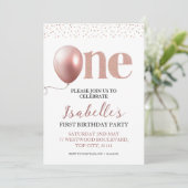 小さな女の子第1誕生日バラ金ゴールドピンクグリッター 招待状 (スタンド正面)