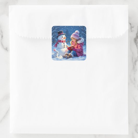 小さな女の子読の雪だるまへの物語 スクエアシール (バッグ)