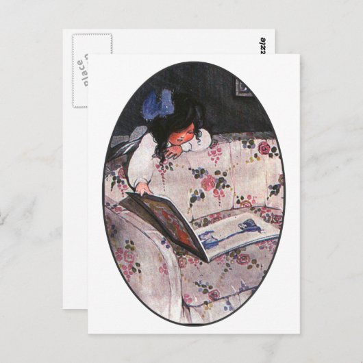 小さな女の子読オーバーソファ ポストカード (正面/裏面)