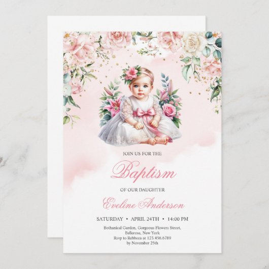 小さな女の子赤面バラフローラバプテスマ招待 招待状 (正面/裏面)
