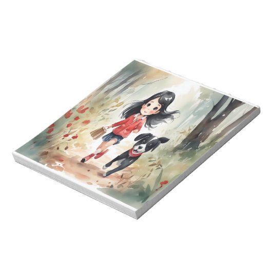 小さな女の子走は犬と一緒に森の中にいる ノートパッド (回転)