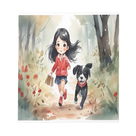 小さな女の子走は犬と一緒に森の中にいる ノートパッド (正面)