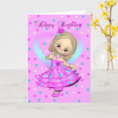 小さな女の子踊り誕生日カード – ピンクとブルー カード (黄色い花)