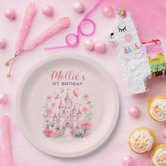 小さな女の子1stバースデーピンクキャッスルプリンセス ペーパープレート (パーティー)