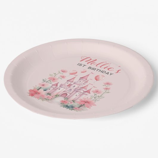 小さな女の子1stバースデーピンクキャッスルプリンセス ペーパープレート (アングル)