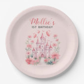 小さな女の子1stバースデーピンクキャッスルプリンセス ペーパープレート (正面)