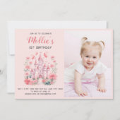 小さな女の子1th誕生日ピンクキャッスル写真 招待状 (正面)