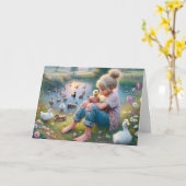 小さな女の子（アヒル付き） カード (黄色い花)