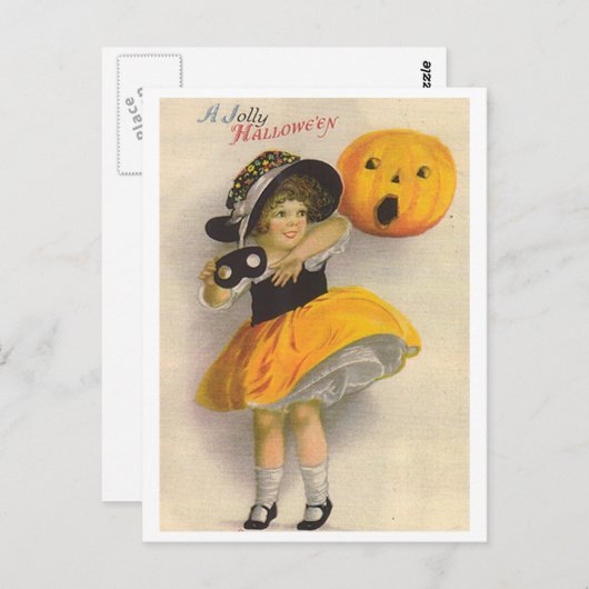 小さな女の子、カボチャとマスク ポストカード (正面/裏面)