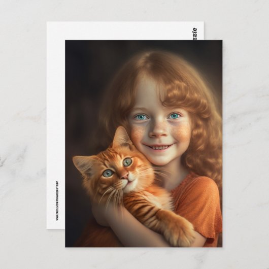 小さな女の子&ジンジャー猫はがき ポストカード (正面/裏面)