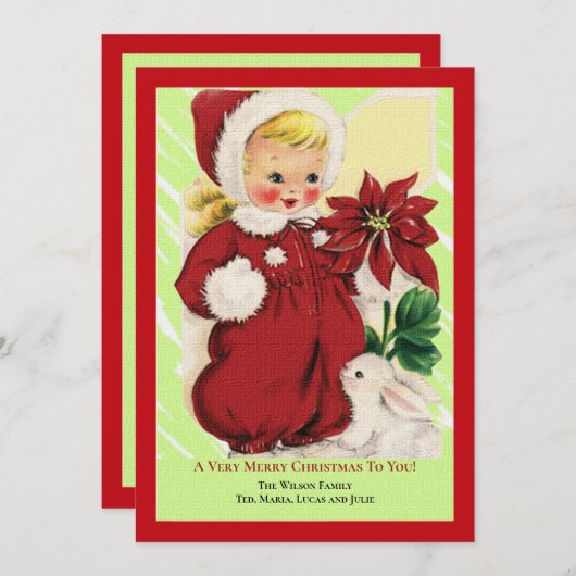 小さな女の子(ポインセティアクリスマスグリーティングカード付き) 招待状 (正面/裏面)