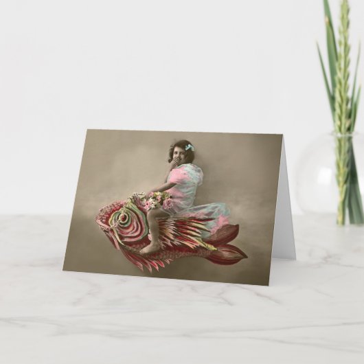 小さな女の子・ライディング・ア・フィッシュ カード (正面)