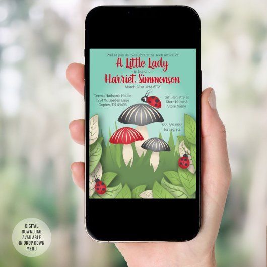 小さな女性とキノコの赤お洒落ちゃんシャワー 招待状