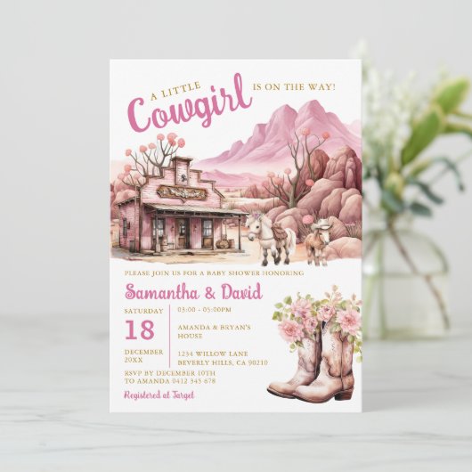 小さな女性のカーボーイがウェスタンの赤ちゃんシャワーに行く 招待状 (スタンド正面)