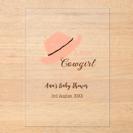 小さな女性のカーボーイがオレンジ色の赤ちゃんシャワーの上にある アクリル招待状 (正面)