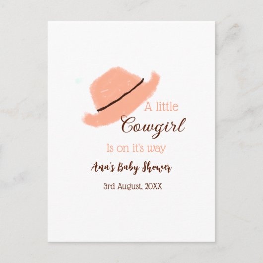 小さな女性のカーボーイがオレンジ色の赤ちゃんシャワーの上にある ポストカード (正面)