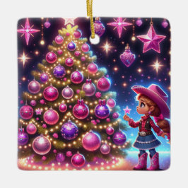 小さな女性のカーボーイがクリスマスの木の前に立っている セラミックオーナメント