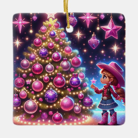 小さな女性のカーボーイがクリスマスの木の前に立っている セラミックオーナメント (正面)