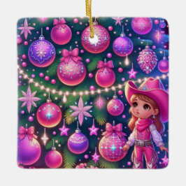 小さな女性のカーボーイがクリスマスの木の前に立っている セラミックオーナメント