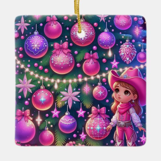 小さな女性のカーボーイがクリスマスの木の前に立っている セラミックオーナメント (正面)