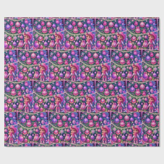 小さな女性のカーボーイがクリスマスの木の前に立っている ラッピングペーパー (フラット)