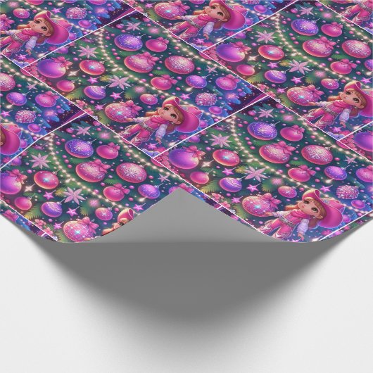 小さな女性のカーボーイがクリスマスの木の前に立っている ラッピングペーパー (角)