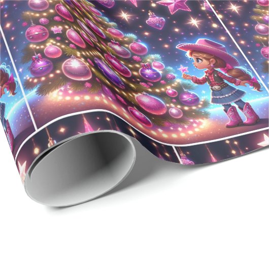 小さな女性のカーボーイがクリスマスの木の前に立っている ラッピングペーパー (ロールコーナー)