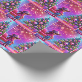 小さな女性のカーボーイがクリスマスの木の前に立っている ラッピングペーパー