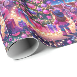 小さな女性のカーボーイがクリスマスの木の前に立っている ラッピングペーパー