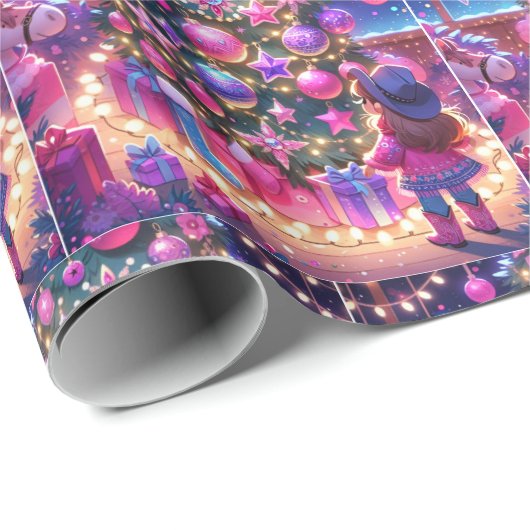 小さな女性のカーボーイがクリスマスの木の前に立っている ラッピングペーパー (ロールコーナー)