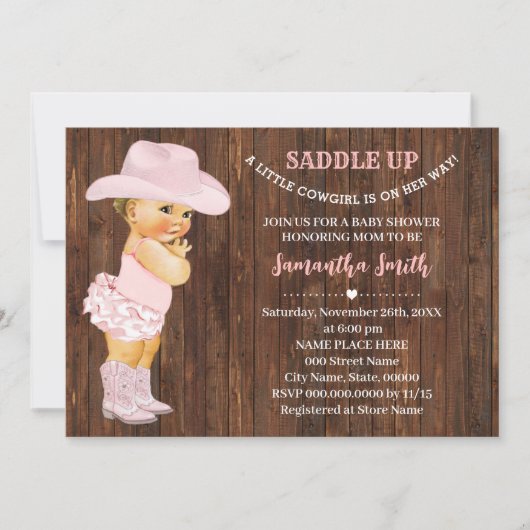 小さな女性のカーボーイがピンク色の赤ちゃんシャワーを持って行く 招待状 (正面)