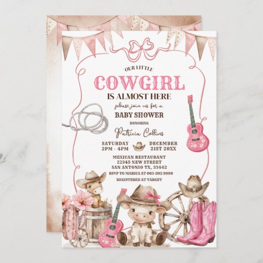 小さな女性のカーボーイが途中ベビーシャワー招待状 招待状 (正面/裏面)