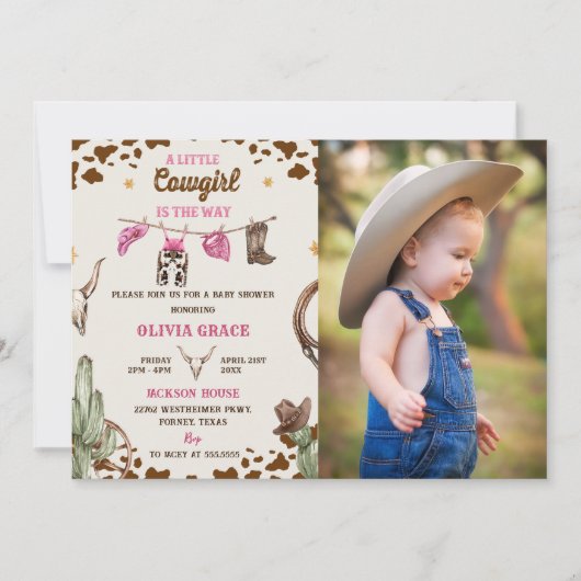 小さな女性のカーボーイウェスタンの女の子の赤ちゃんシャワーパーティー 招待状 (正面)
