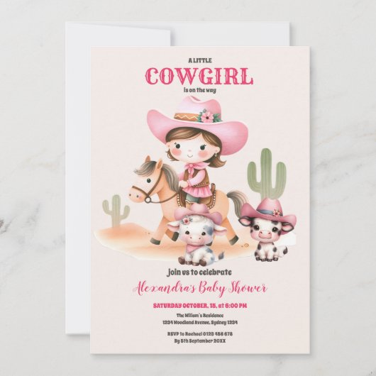 小さな女性のカーボーイウェスタンロデオ赤ちゃんシャワー 招待状 (正面)