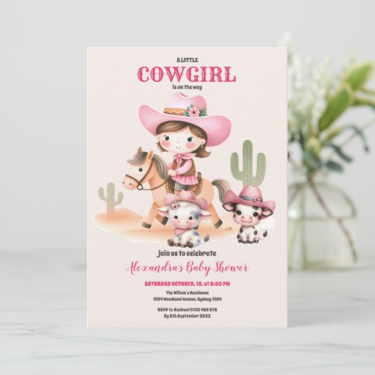 小さな女性のカーボーイウェスタンロデオ赤ちゃんシャワー 招待状 (スタンド正面)