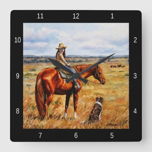 小さな女性のカーボーイオンウシウマ スクエア壁時計 (正面)