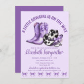 小さな女性のカーボーイパープルが赤ちゃんシャワーを浴びる 招待状 (正面/裏面)