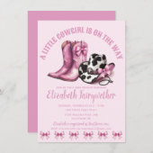 小さな女性のカーボーイピンク弓ベビースシャワー 招待状 (正面/裏面)