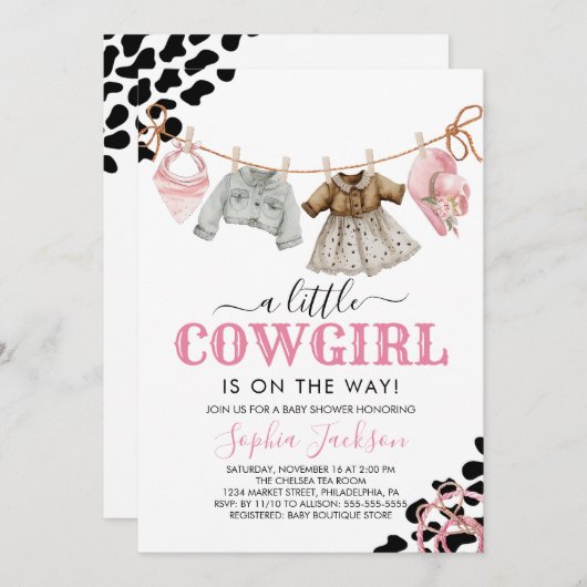 小さな女性のカーボーイワイルドウェスト女性のカーボーイベイビーシャワー 招待状 (正面/裏面)